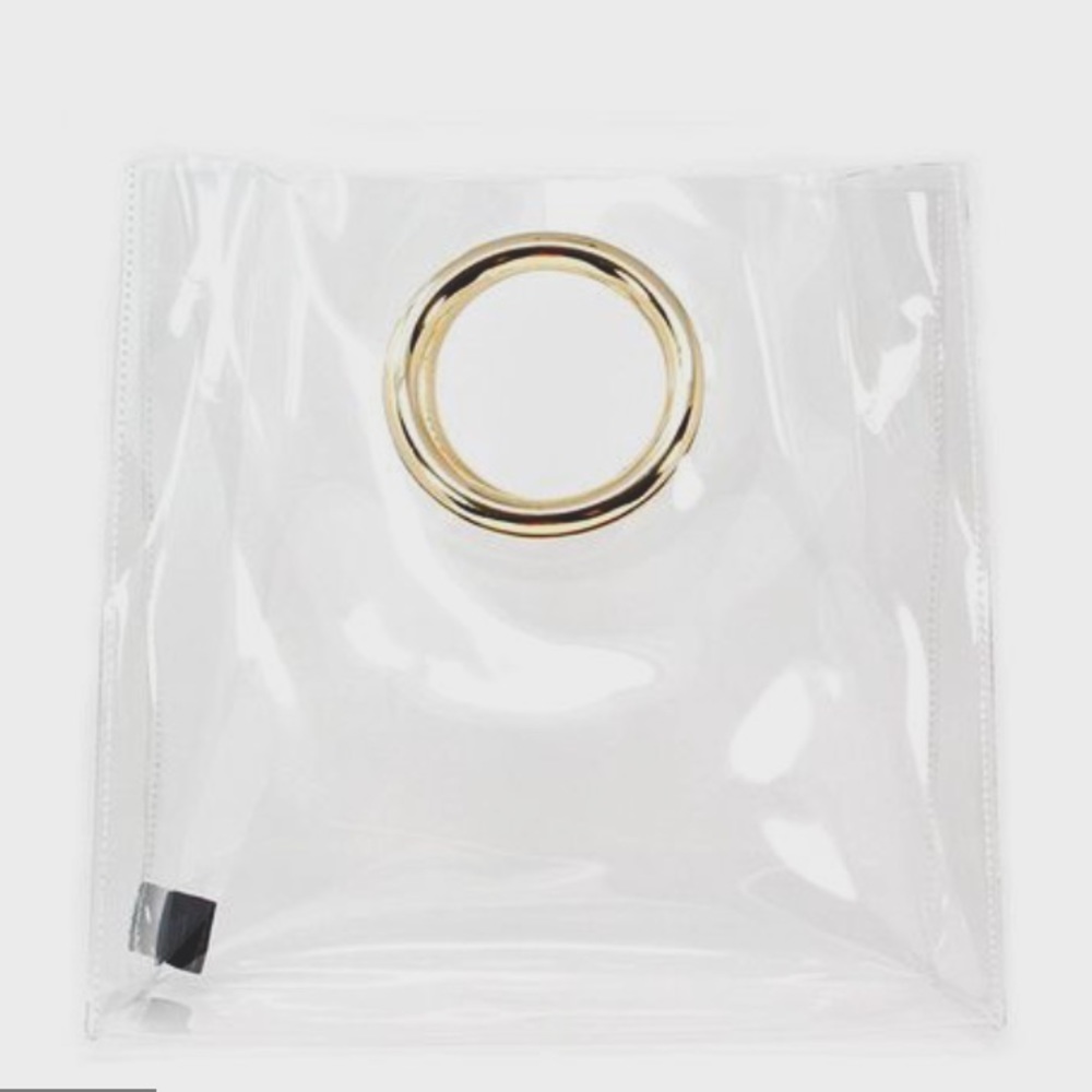 Clear plastic square tote with gold handle